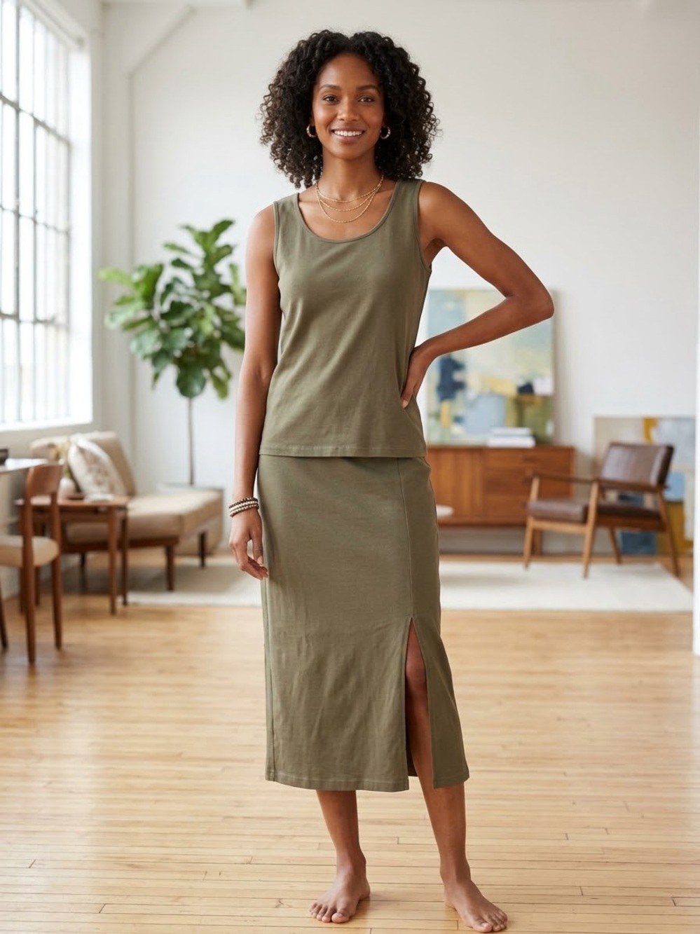 Liz Claiborne M 100% Cotton Olive Green Knit Tank Midi Skirt Set Minimalist Fall